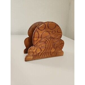 Vintage MUSHROOM Napkin Holder 70's Mail Desk Boho Natural Wood Forest